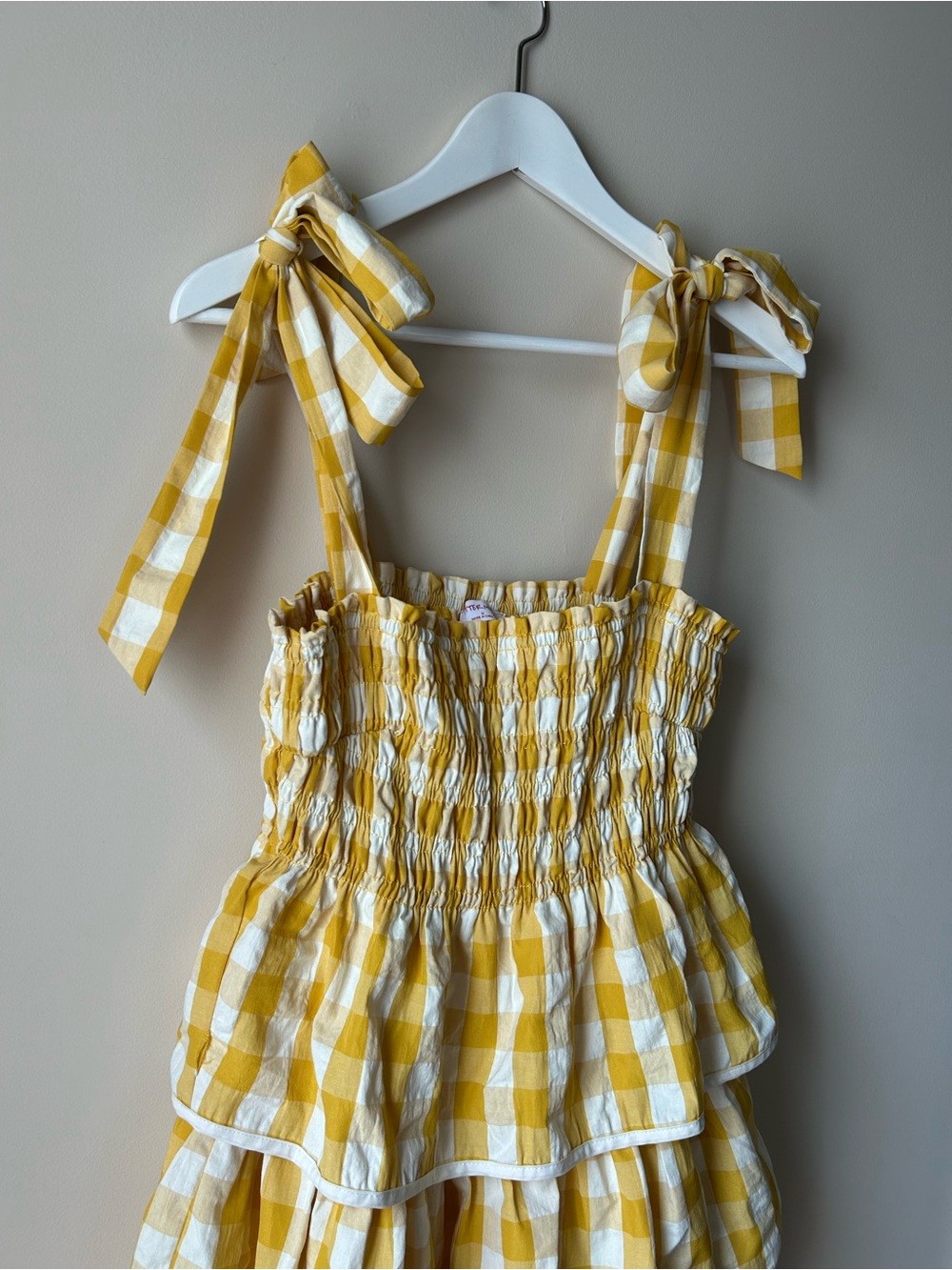 Yellow Gingham Tie-Shoulder Smocked Sundress